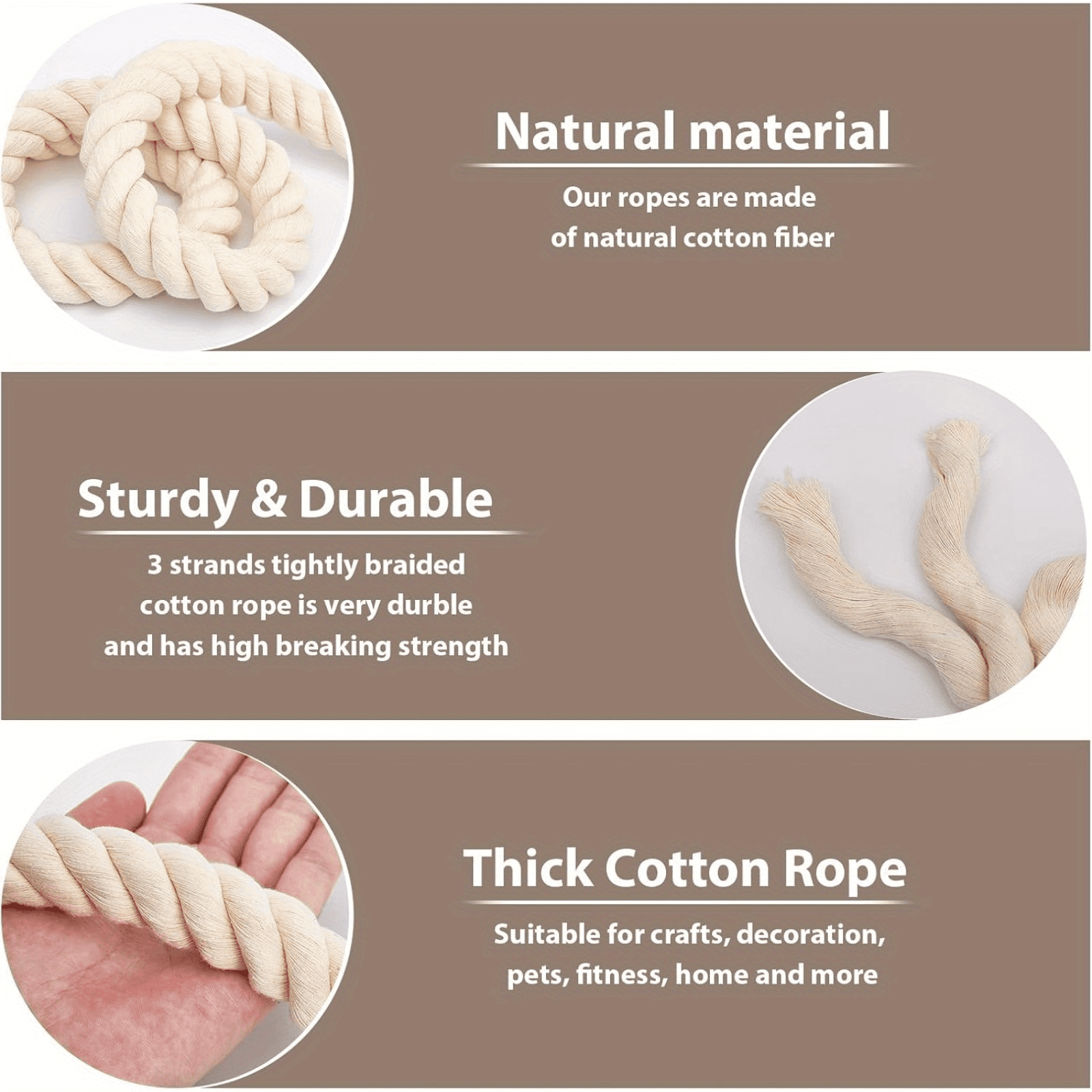 1/2" x 50FT,Natural 3-Strand Twisted Cotton Rope, Thick Braided Soft Macrame Cord for DIY Crafts, Home Decor, Plant Hangers & Outdoor Projects(White)