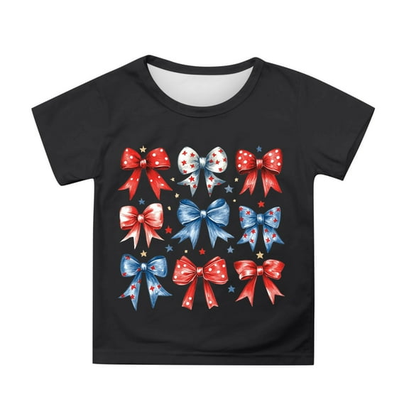 MIXUE Toddler Girls Tops & T-Shirts Summer Fourth Of July Independence Day Bowknot Print Round Neck Short Sleeve Casual Party Tshirts Holiday Wear,Black,3-4 Years