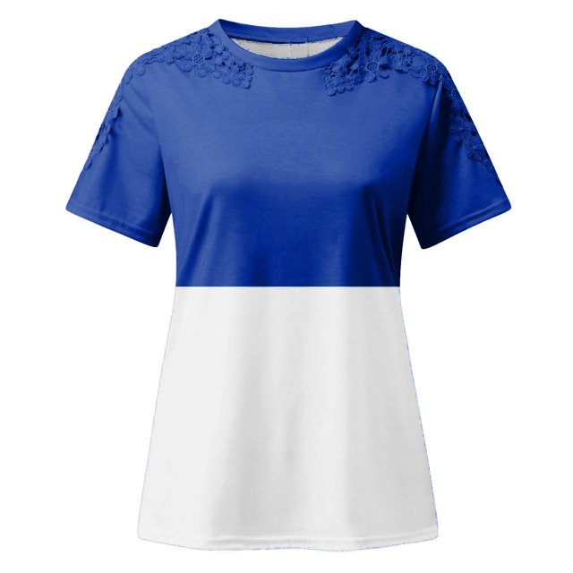 TopLLC Women's Short Sleeve Plus Size Tops Crewneck T Shirt Loose Fit Lace Stitching Shirts Solid Hollow Out Ruffle Tunic Tops
