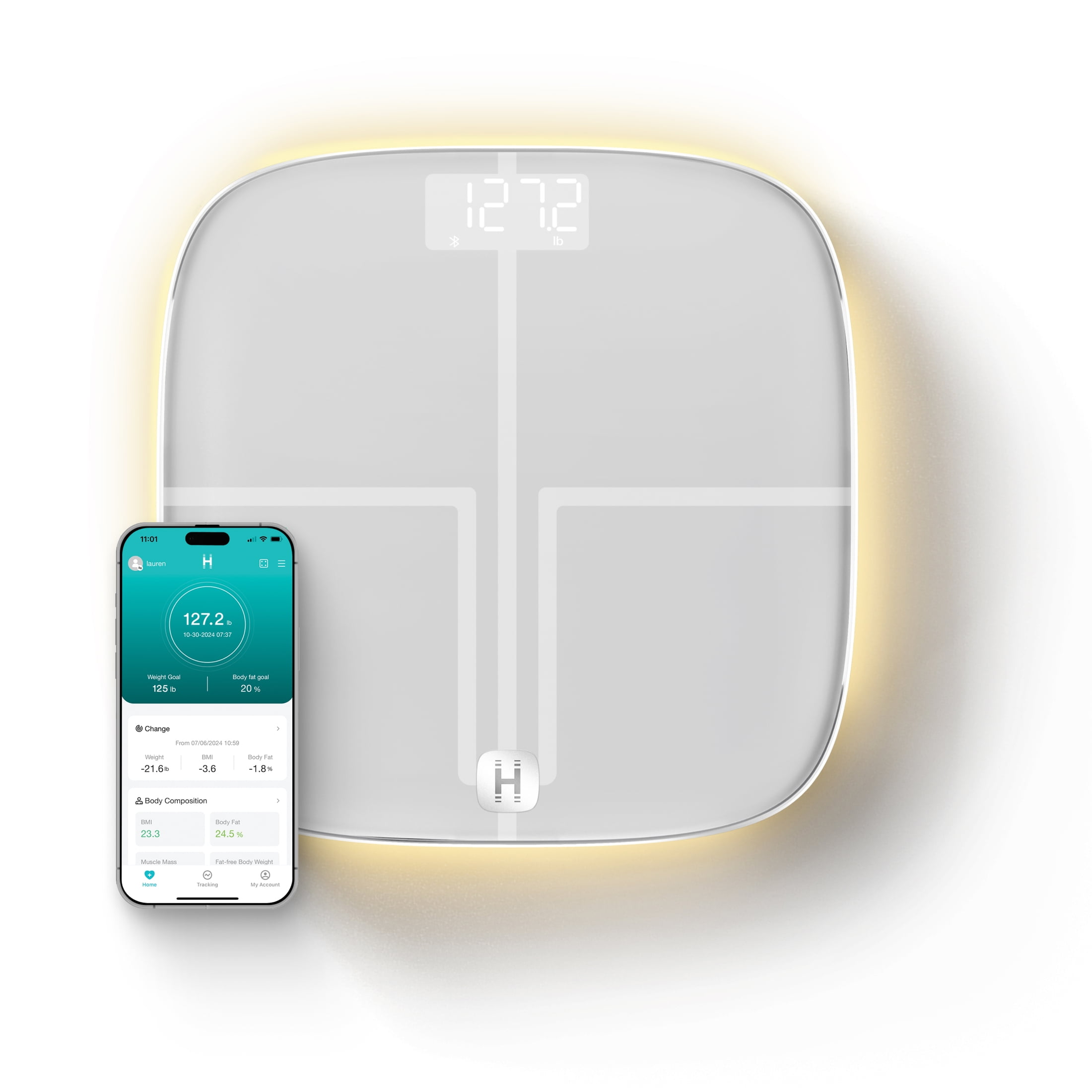 Homedics Luxe Smart Glo, Body Composition Digital Bathroom Scale, Motion-Sensing Ambient Center Illumination, Sleek Tempered Glass, High-Precision Weight Measurement Up to 400, Bluetooth