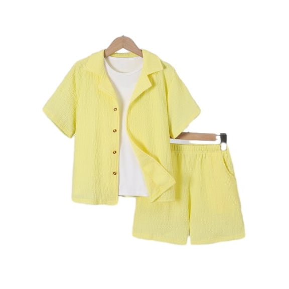 PureChapter Boys Outfits 8Y,9Y,10Y,11Y,12Y Boys Summer Solid Color Lapel Button Short Sleeve Shirt and Shorts Set Casual 2pcs