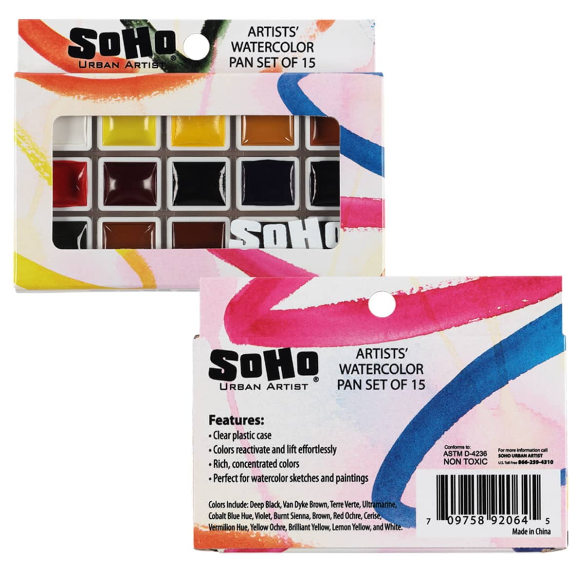 SoHo Urban Artist Watercolor Set - Professional Watercolor Paint Set of 15 Semi-Moist Whole Pans for Professional Artists & Watercolorists - Compact, Portable with Rich, Concentrated Colors