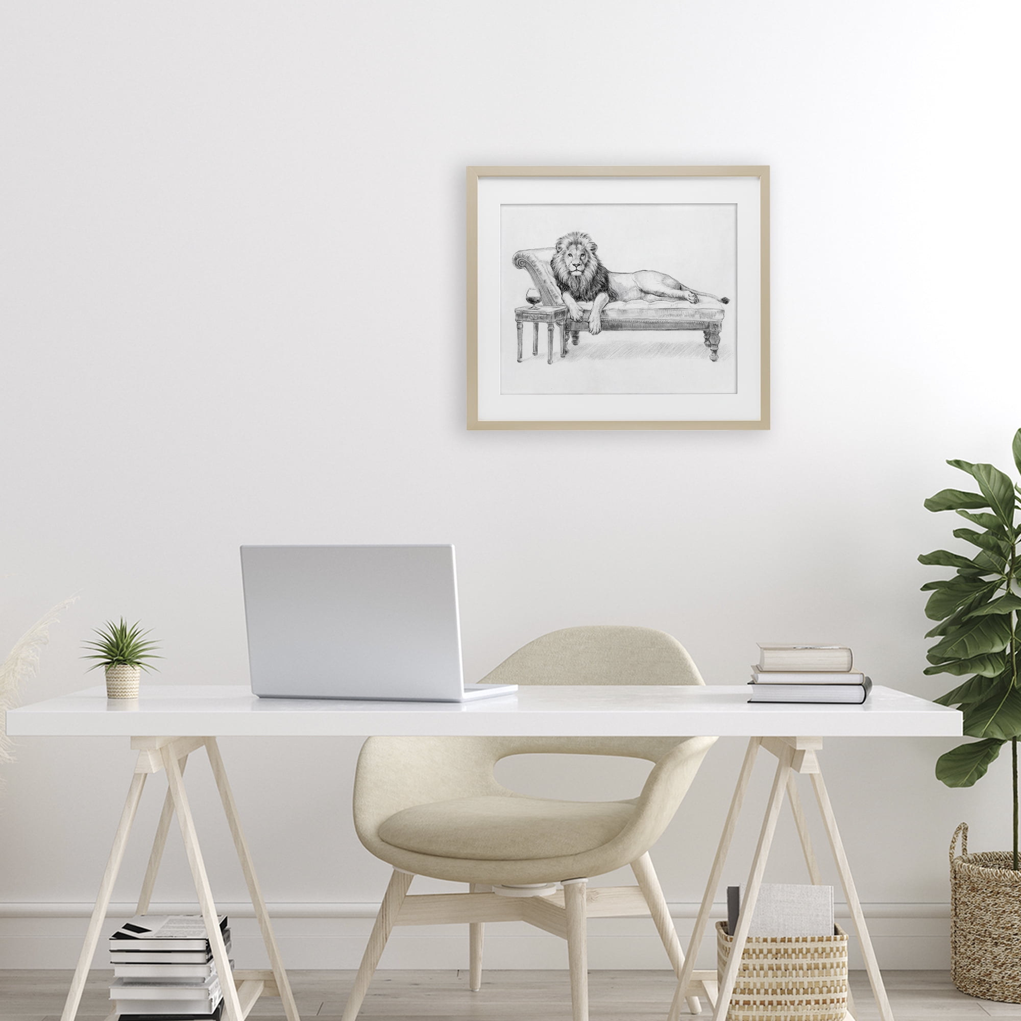 Stupell Industries Lounging Beast Lion Birch Framed Print Under Glass, design by Victoria Barnes