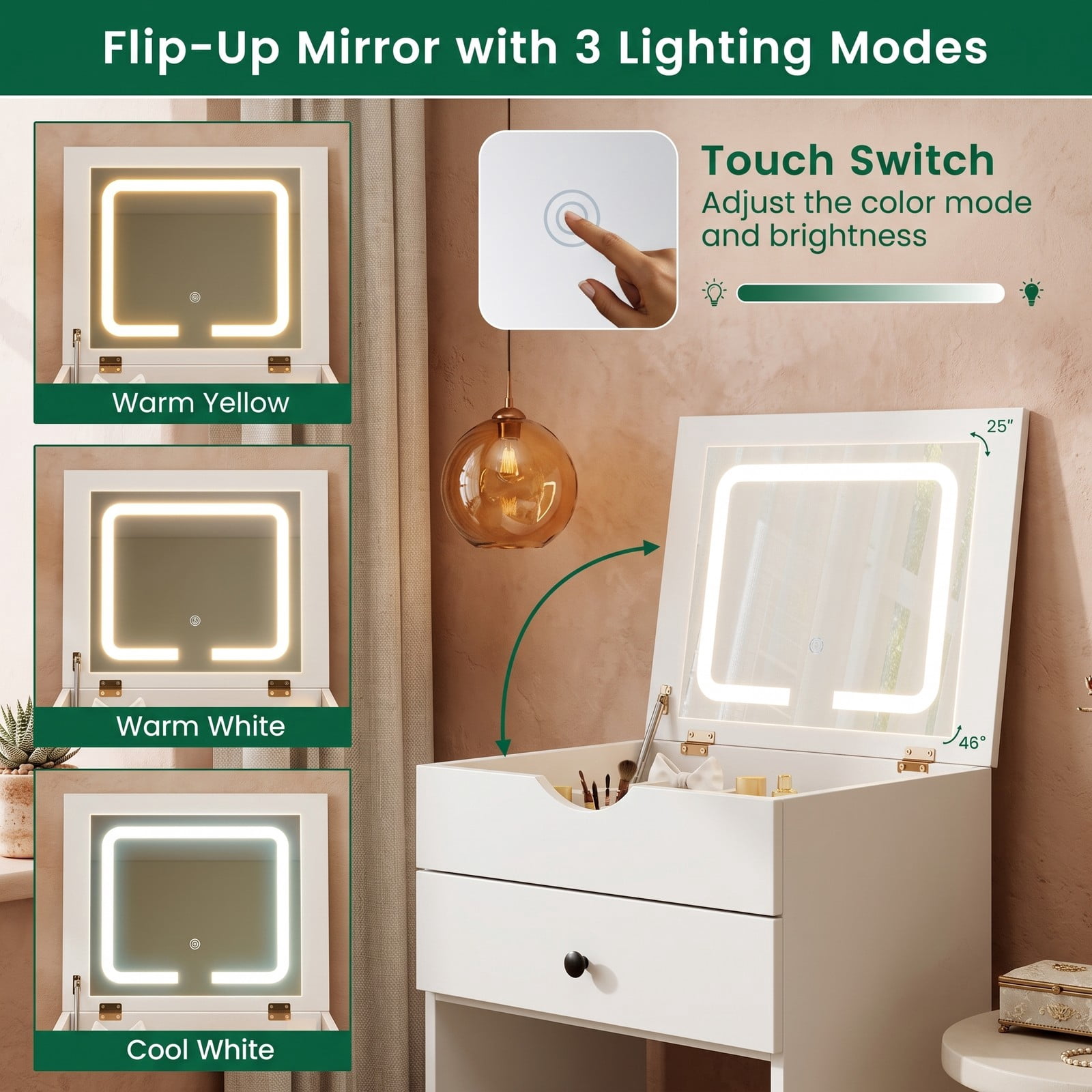 Furnibear 3 in 1 Vanity Set with Flip Up LED Mirror and Rolling Casters and Cushioned Storage Stool for Bedroom and Small Space, White