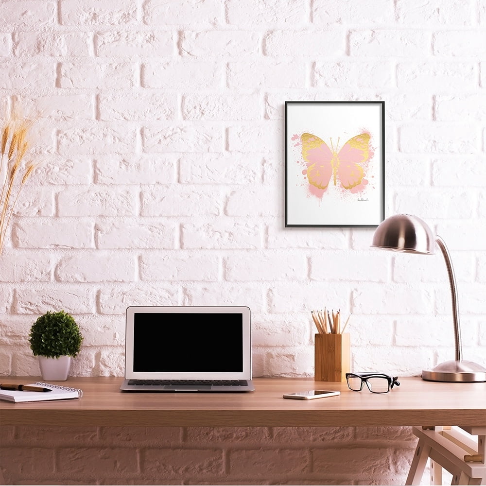 Stupell Industries Glam Pink Gold Butterfly Abstract Paint Splatter Black Framed by Amanda Greenwood