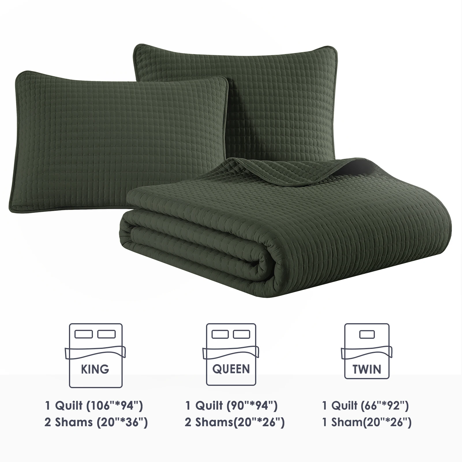 Amberspace Lightweight 3-Piece Bed in a Bag Quilt Set with Pillow Shams,Dark Green,Queen
