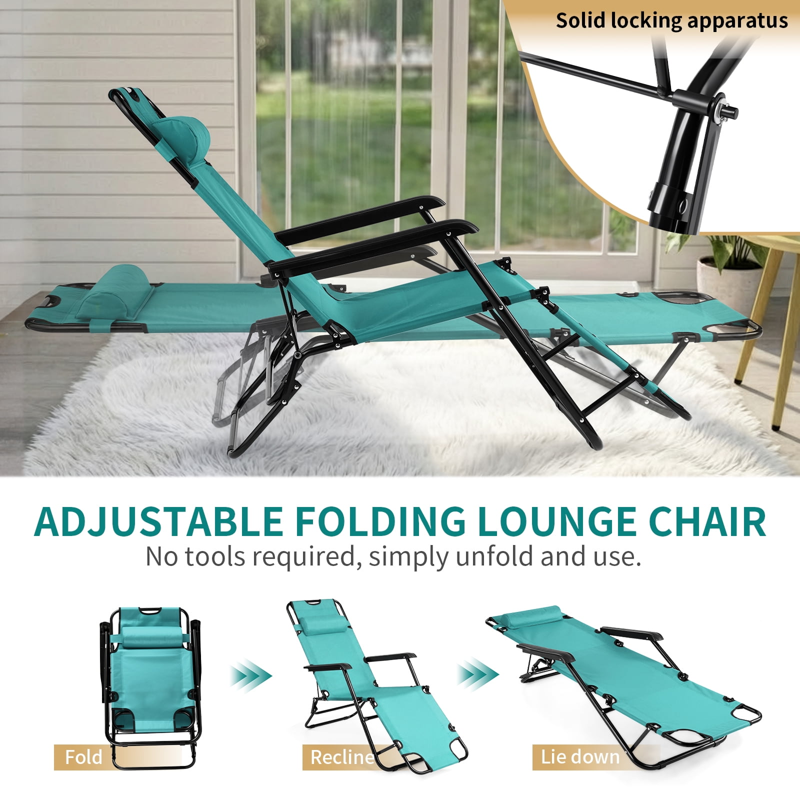UBesGoo 2-Position Adjustable Backrest Chaise Chair, Lightweight Tanning Chair with Pillow, Sun Recliner for Indoor Outdoor - Light Green