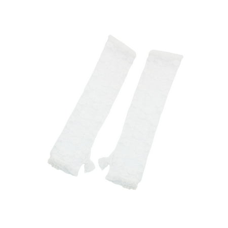 Pair Girls Arm Warmer Elbow Long Flowers Pattern Lace Gloves White