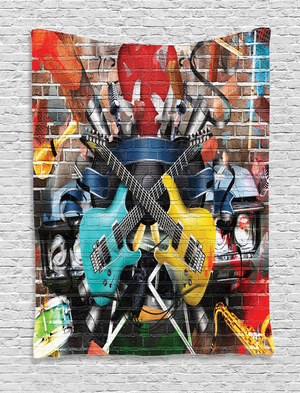 Music Tapestry, Collage of Music Color and Musical Instruments Street