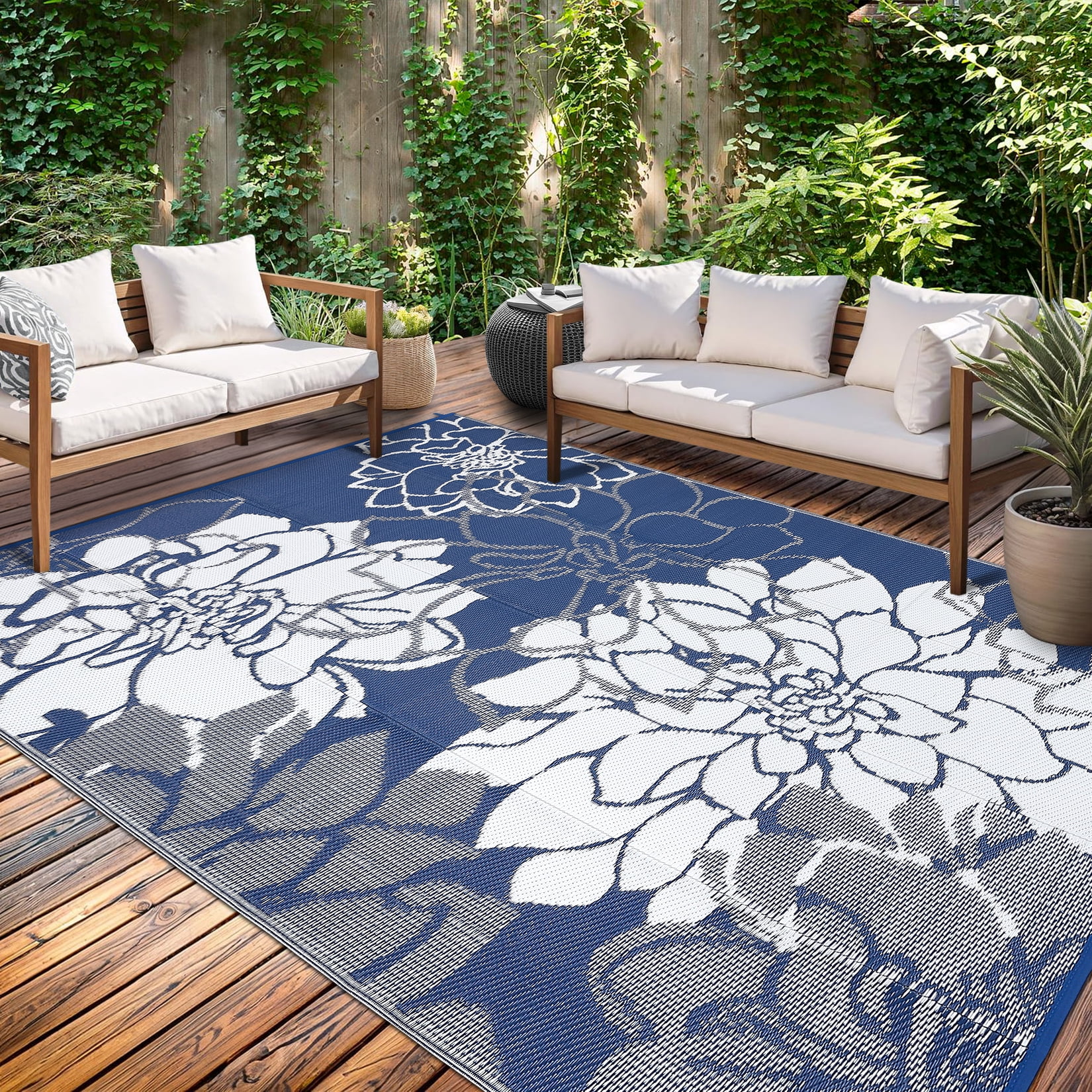 Nanan 9x18ft Outdoor Rug Waterproof Reversible Plastic Straw Patio Rug, UV Resistance Portable Floral Camping Carpet for Deck, Porch, Balcony, Backyard, Dark Blue