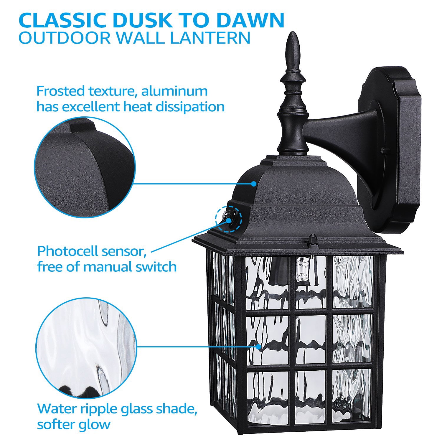 LEONLITE Outdoor Dusk to Dawn Wall Lantern, Photocell Included, UL Listed, Water Ripple Glass Exterior Wall Sconce, E26 Base Bulb Compatible, Wet Location Porch Light, Black, Pack of 2