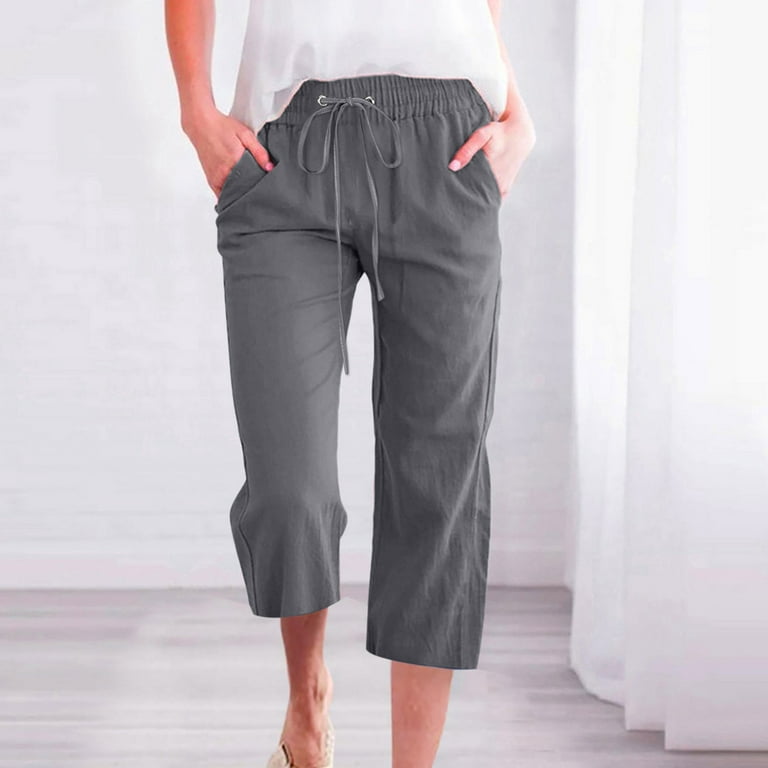 Hvyesh Womens Wide Leg Cotton Linen Capris Summer Elastic Waist Casual  Drawstring Comfy Trousers Lightweight Lounge Pants 