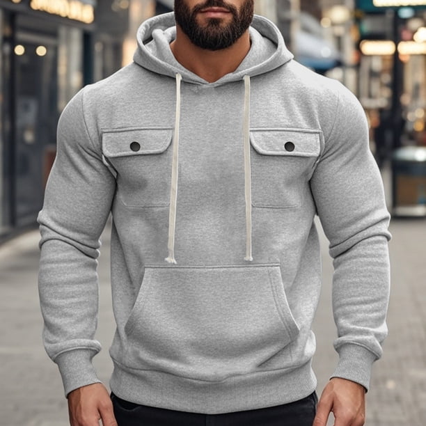 pstuiky Camisas suaves de manga larga para hombre, Blusa de moda para hombre, de color liso, con capucha, manga larga, cordón ajustable y botones en los bolsillos. camisetas de hombre xl