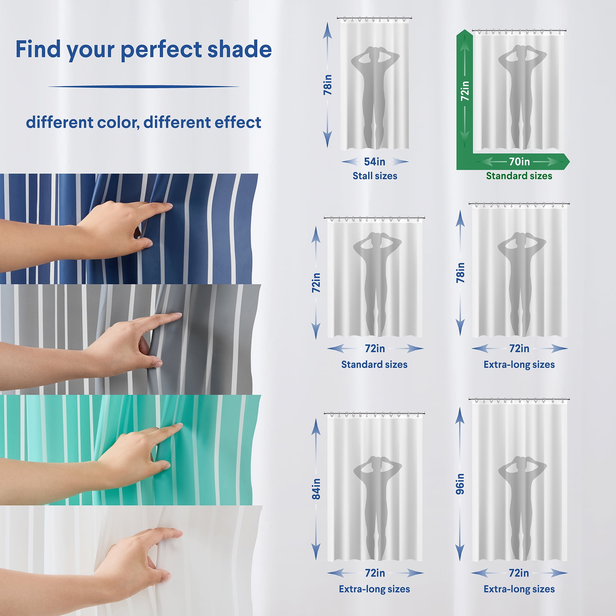 Clorox Shower Curtain Liner, Striped Waterproof 6g PEVA for Bathroom Standard Size 72" x 72", Aqua