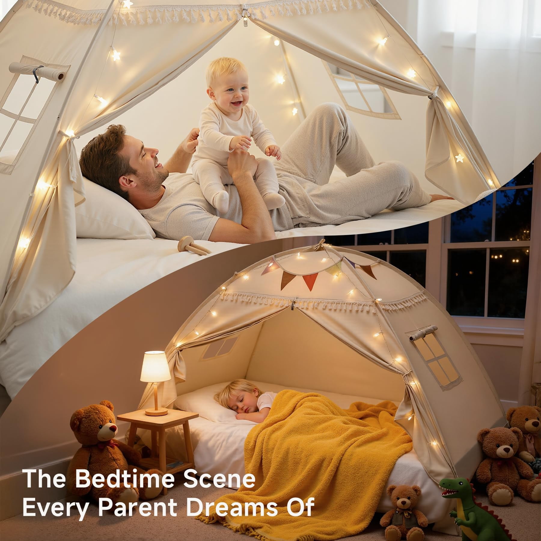 Bed Tent Canopy: Lights & Flags Indoor Play -bed Teepee Tents - Girls&boys Playhouse Space Sleeping Gifts (twin Golden Beige)