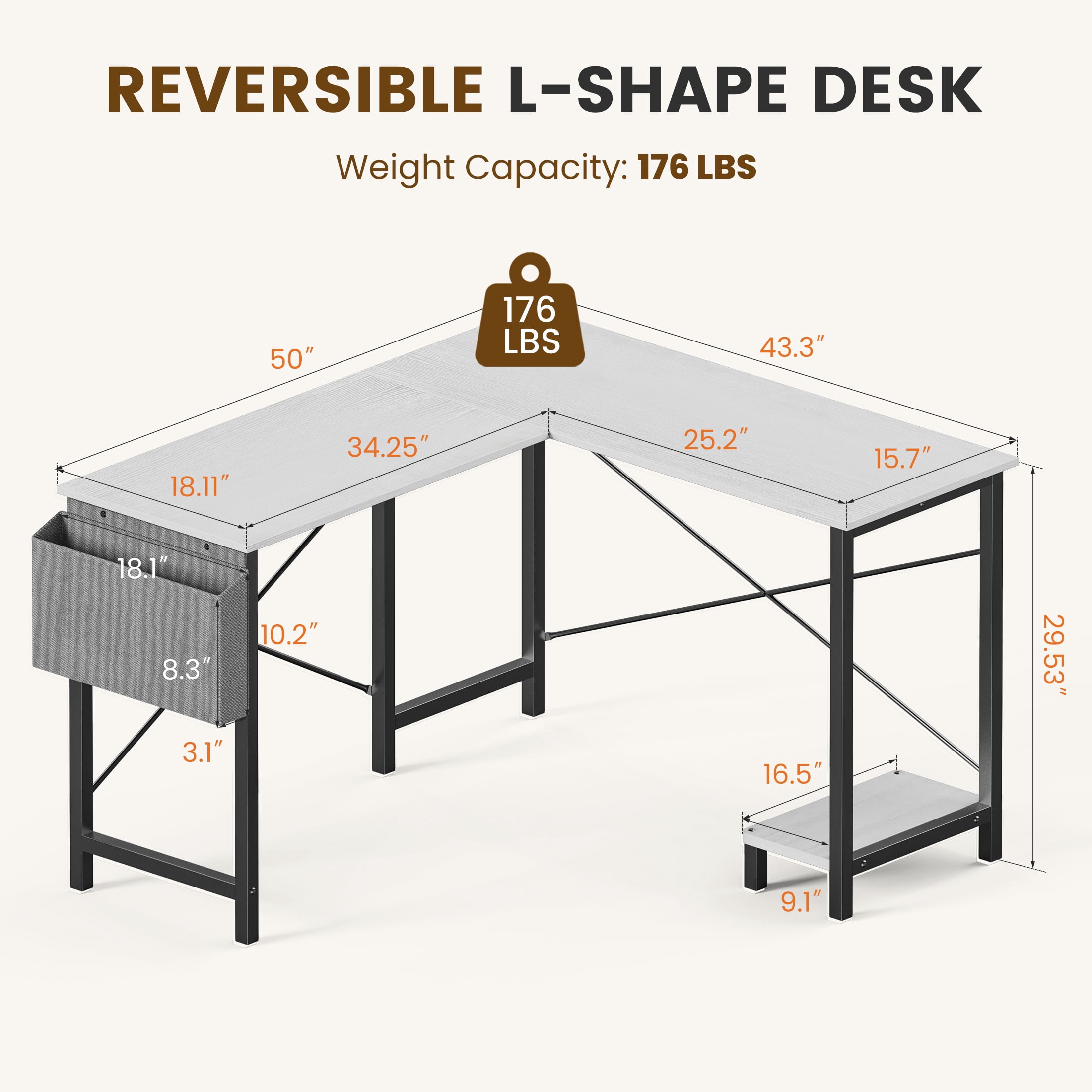 CONCETTA 49in Reversible L Shaped Computer Desk with Storage, Coner Desk with Wooden Desktop, CPU Stand and Side Bag for Home Office and Gaming, White
