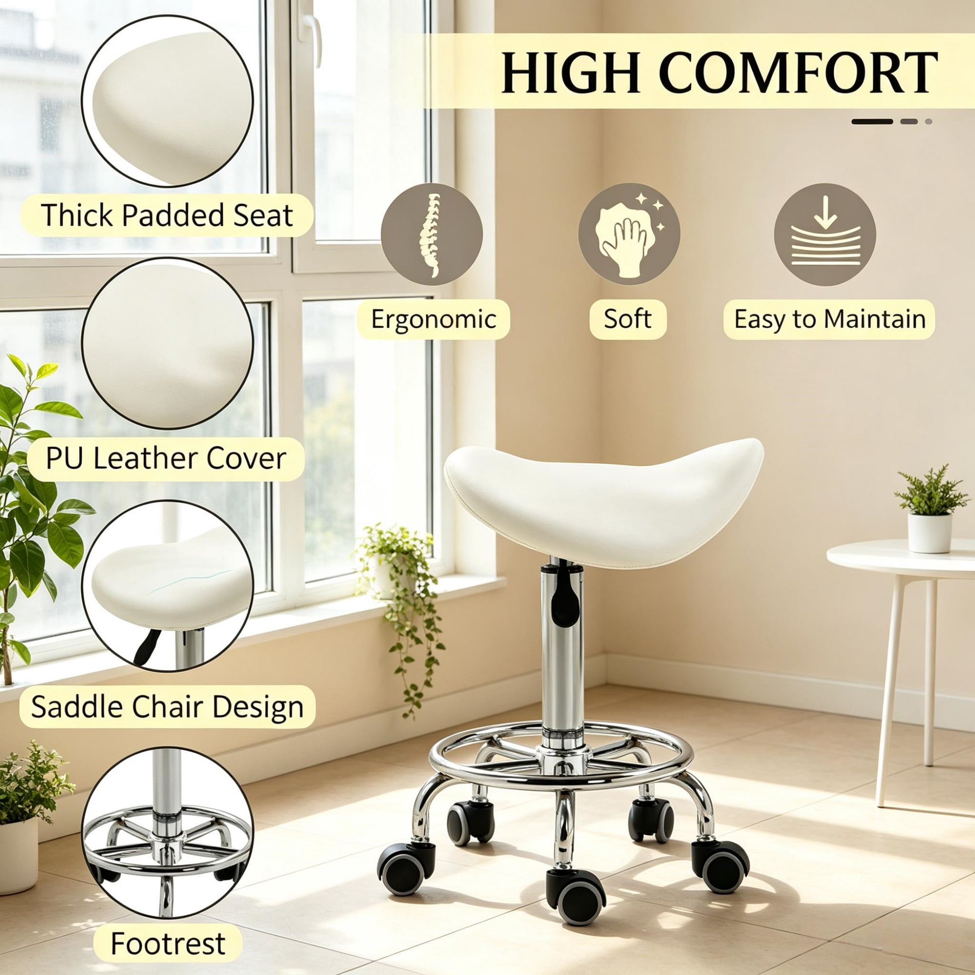 PU Leather Saddle Rolling Stool, Adjustable Height with Wheels for Massage, Spa, Beauty Tattoo, White