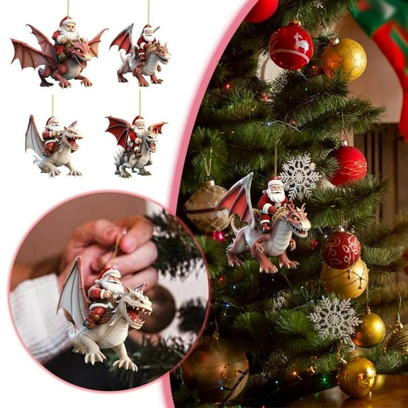 CoreLiving Dragon Ornament Santa Claus Riding Flying Dragon Christmas Tree Decor, Festive Holiday Decorations for Home, Gift for Fantasy Lovers