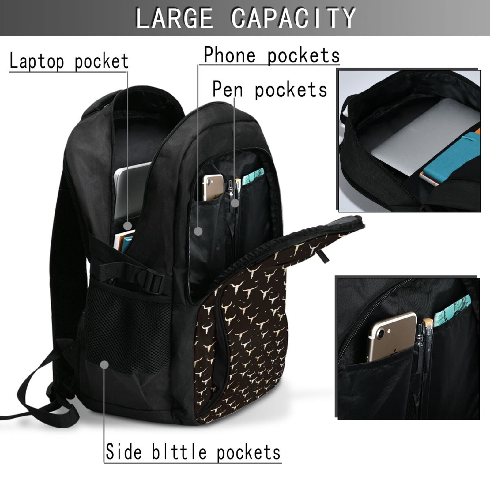 Vsdgher Cow Skulls Print Travel Laptop Backpack, Laptops Backpack with USB Charging Port, Water Resistant Computer Bag Gift for Men & Women