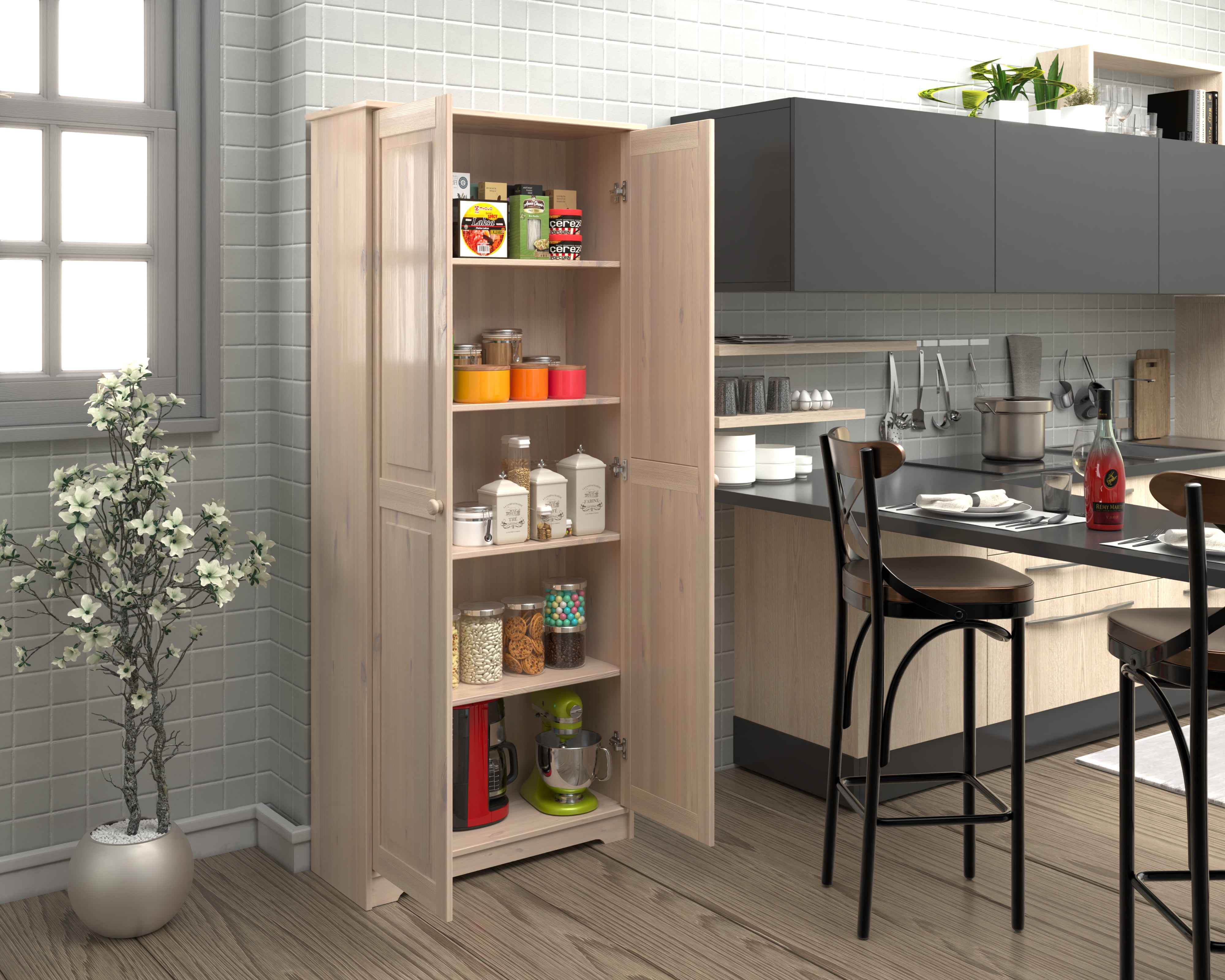 Solid Wood Pantry Storage Cabinet, Freestanding Kitchen Cupboard