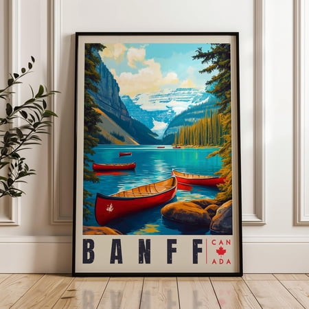 Banff Canada travel Print, vintage wall art with red canoes, mountain lake and forest scenery, Unframed Paper Poster 8x10in