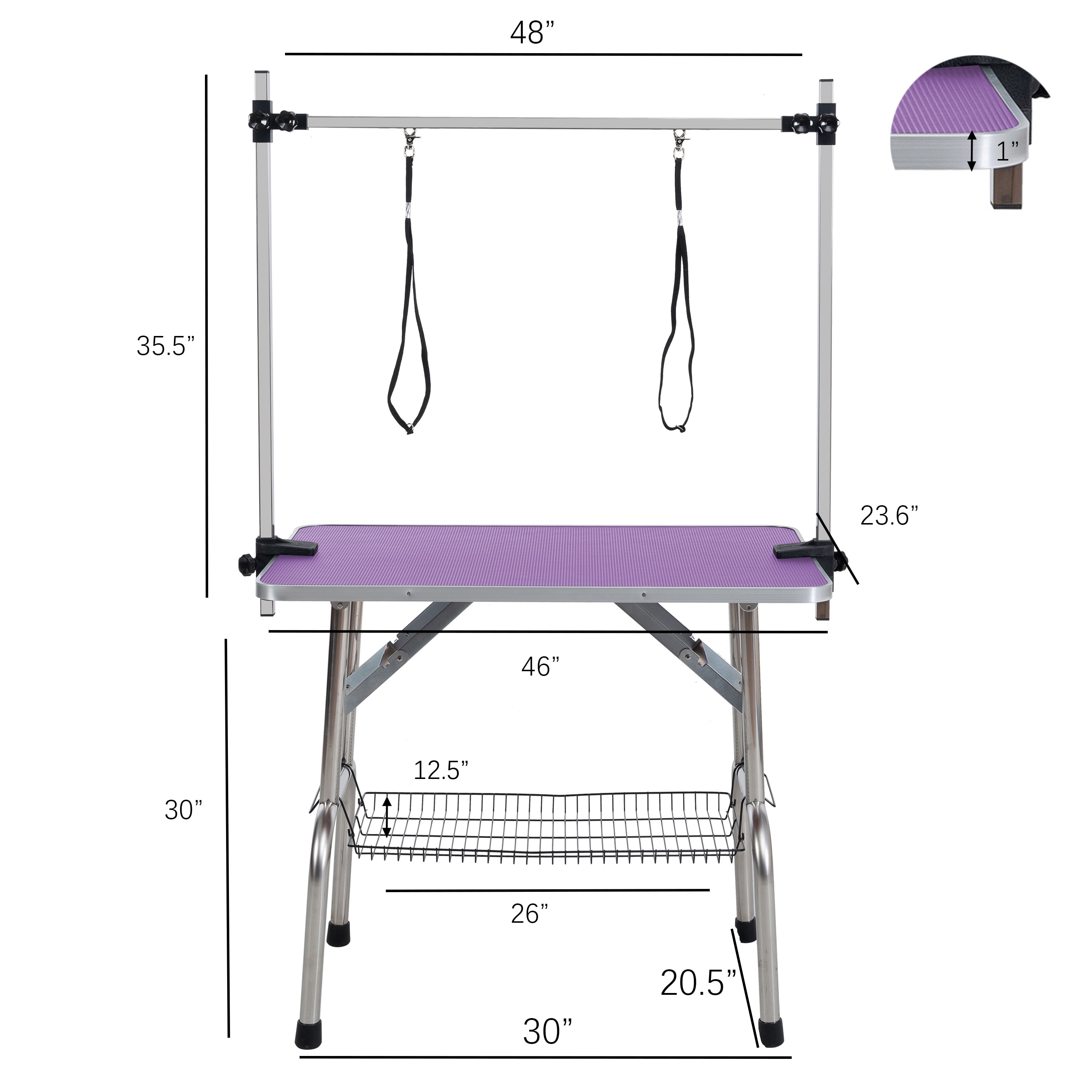46" Folding Dog Pet Grooming Table Stainless Steel Frame Rubber Mat on Board with Adjustable Arm and Clamps pet dog Cat Grooming Table