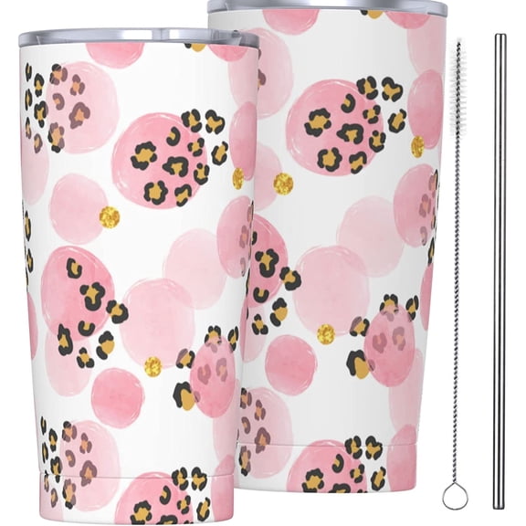 Pink Circles And Leopard Print Tumbler Travel Coffee Mug With Flip Lid 20 Oz Insulated Tumbler Cup Gift For Father Mother Friend Birthday