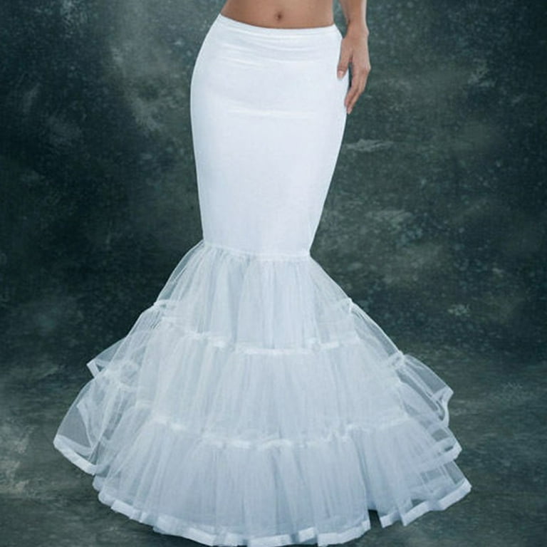 Techinal Womens Layered Fishtail Petticoat Underskirt Hoopless White Floor  Length Tulle Crinoline Trumpet Slips for Wedding Bridal Dress Ball Gown 