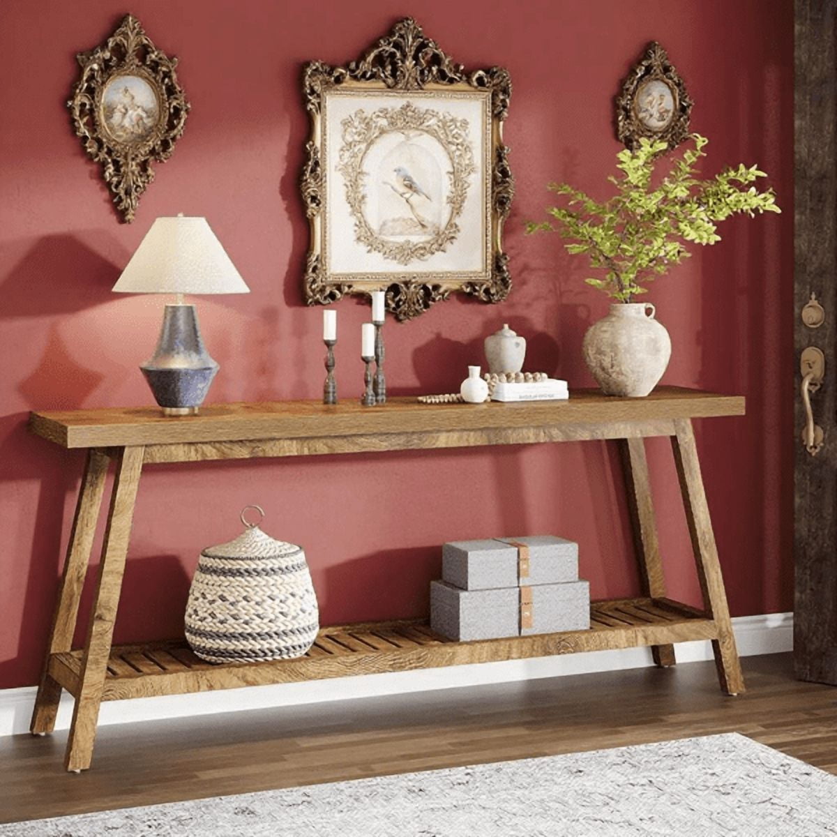 70.9" Farmhouse 2-Tier Console Table - Vintage Wood Grain, 1.97" Thick Engineered Wood, Sturdy Trapezoid Base, Versatile for Entryway, Hallway, Behind Couch
