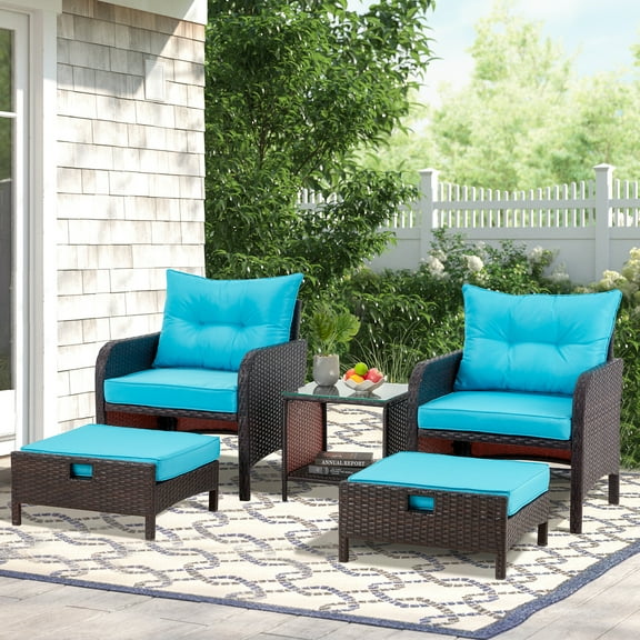 AVAWING 5 Pieces Patio Furniture Set, Outdoor Wicker Rattan Conversation Set with Ottoman & Table for Garden, Blue