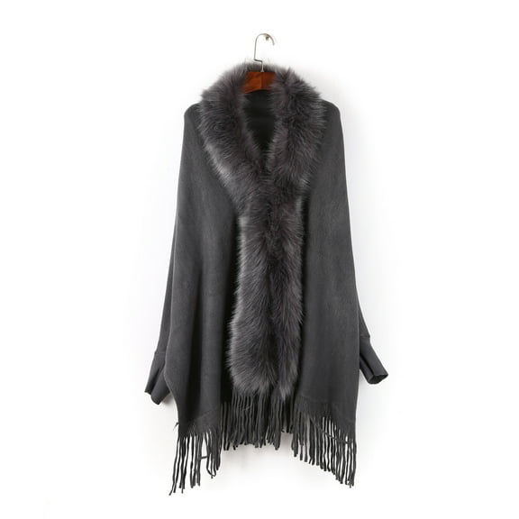 Nvzi Women Faux Fur Collar Shawl Wraps Fringed Cardigan Cloak Coat Knitted Winter Warm Tassels Sweater Capes,Grey