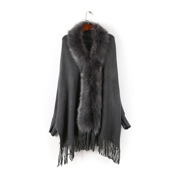 Xiao Hua Chal con cuello de piel sintética para mujer, cárdigan con flecos, capa de punto, suéter cálido con borlas para invierno, gris