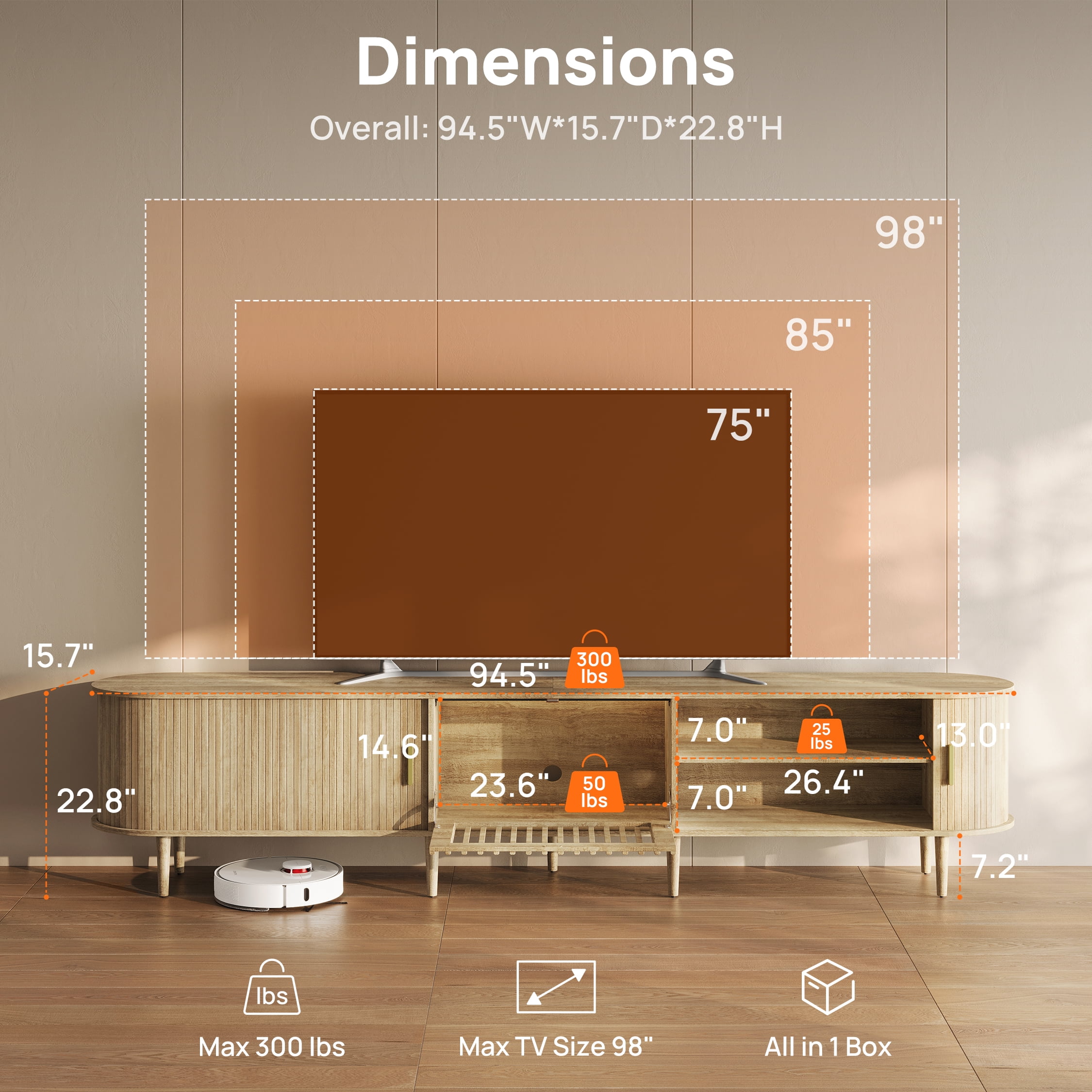 CHIC HOUSE 95" Extra Long TV Stand for 80/90/100" TVs with LED Light, Mid-Century Modern Entertainment Center with Storage Shelves & Sliding Tambour Door, Oak