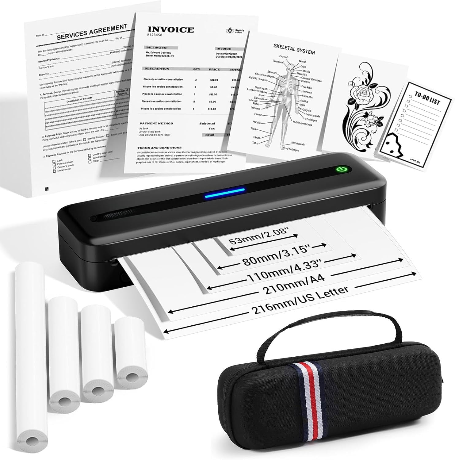 Portable Printers Wireless for Travel, M832 Inkless Bluetooth Thermal Printer Support 8.5'' x 11'' US Letter & A4 Size, Compatible with iPhone Android Laptop for Mobile Office Home, with Case