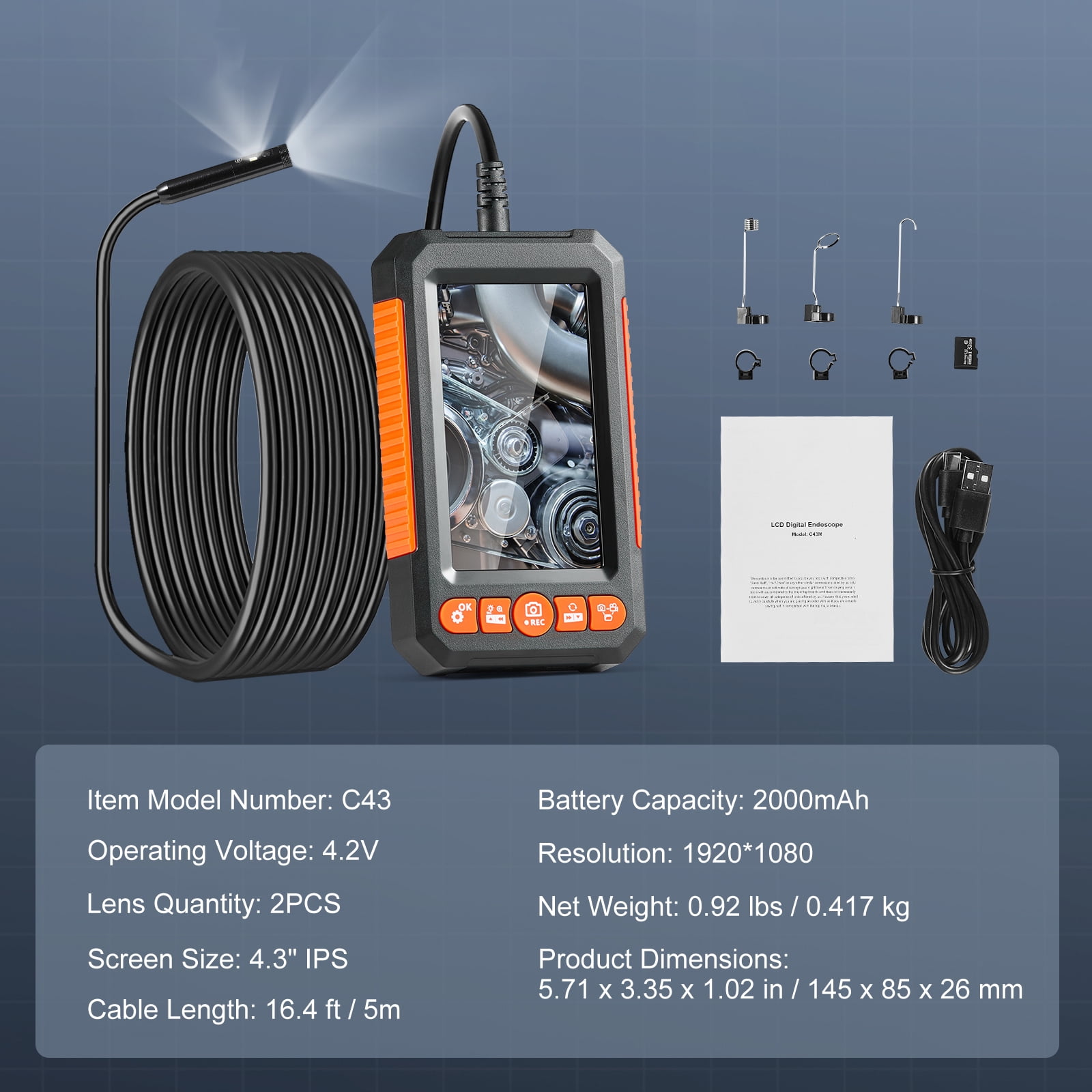KFFKFF Endoscope Camera with Lights, featuring a 4.3" Display for 1080P Quality Imaging, 8+1 Illumination Options, 4X Magnification, and an IP67 Rated Waterproof Design.