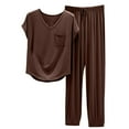 thumbnail image 3 of BiZtdJrK Womens 2 Piece Sets Short Sleeve V Neck Shirts with Pockets and Casual Drawstring Trousers Lounge Set Soild Color Pajamas Outfits Coffee M, 3 of 7
