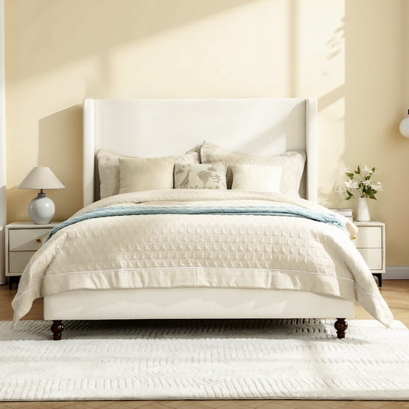 COOLHUT Queen Size Bed Frame, All Wood Slats Support Platform Bed Frame, Upholstered Wingback Headboard, Solid and Stable Bed Frame, No Box Spring Needed/Easy Assembly/White