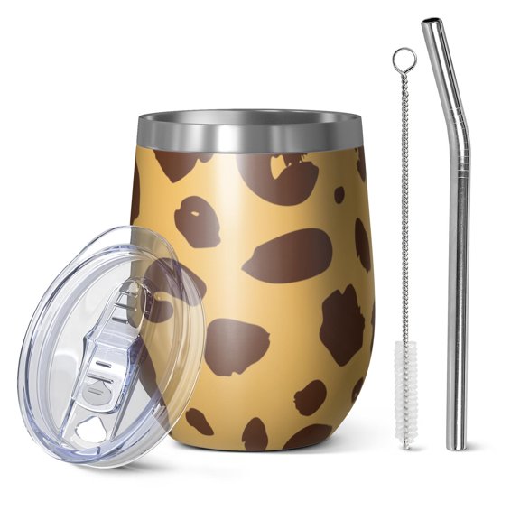 12oz Stemless Wine Tumblers Yellow and Brown Of Leopard Print Vacuum Insulated Stainless Steel Travel Tumbler Cups Mug with Lid and Straw for Champaign,Cocktail,Beer with Cleaning Brush