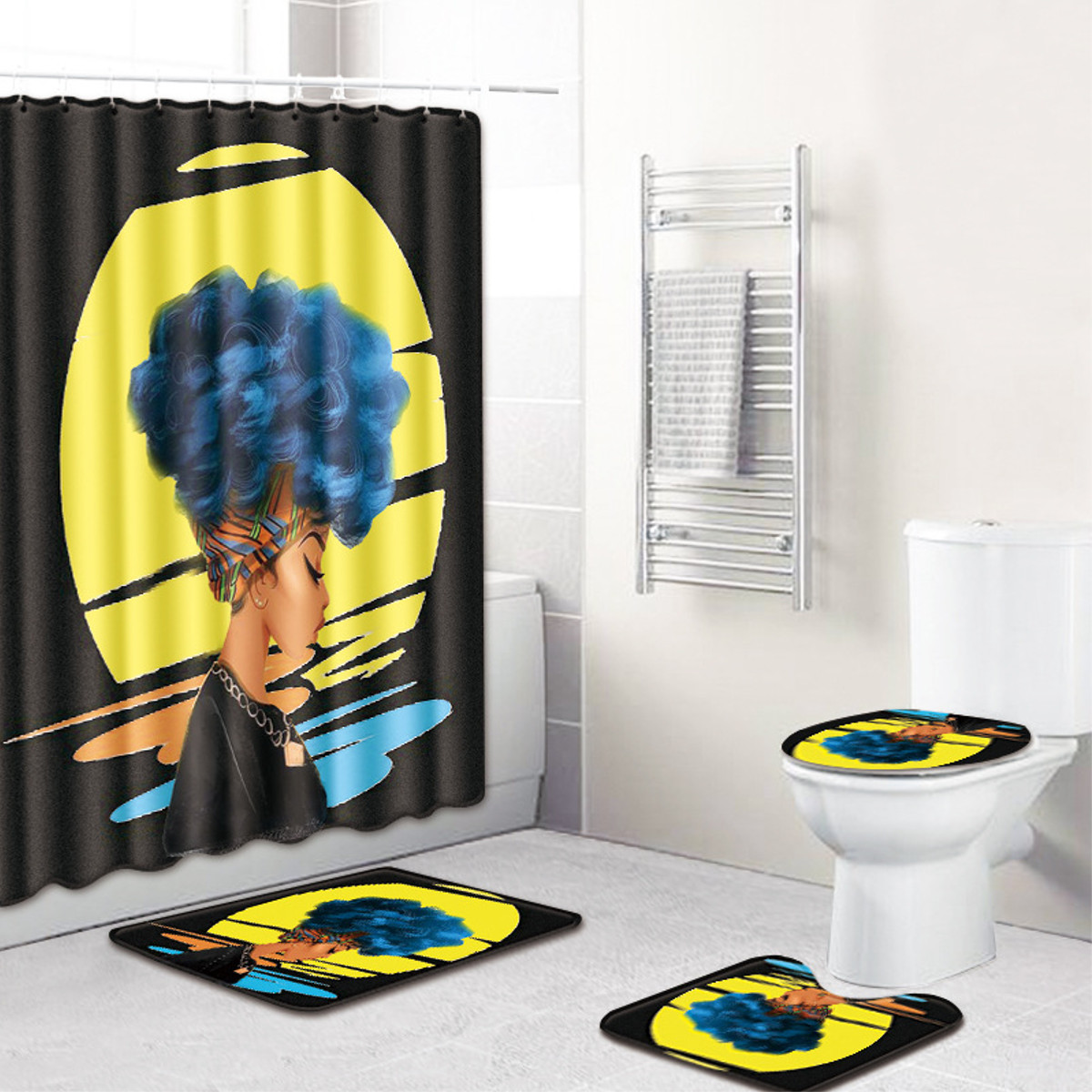 African Girl 71 X 71 Waterproof Fabric Shower Curtain With 3pcs Toilet Cover Mats Non Slip Rugs Bathroom Sets Doormat Home Decor Gifts