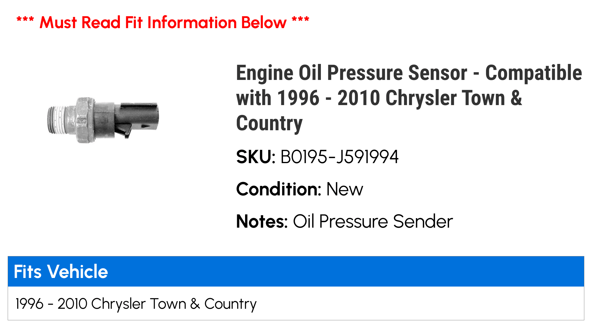 Engine Oil Pressure Sensor - Compatible with 1996 - 2010 Dodge Grand Caravan 1997 1998 1999 2000 2001 2002 2003 2004 2005 2006 2007 2008 2009