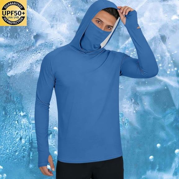 Men's Angler UPF 50 UV Protection Sun Hoodie Regular Fit Solid Color Hooded Long Sleeve with Thumb Holes and Watch Cutout Quick Dry Top Blue XL