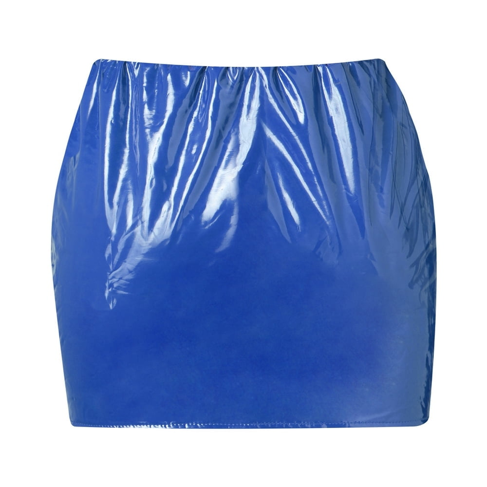Blue Satin Blue Patent Leather Skirt 80s Fashion Leather Pleated