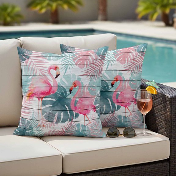 Flamingos Outdoor Pillow Covers 26x26 Inch Throw Pillow Covers Set of 2 Waterproof Decorative Pillow Cases Green Summer Monstera Leaves Tropical Vintage Cushion Covers for Patio Furniture Garden