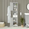 thumbnail image 3 of Emma + Oliver Narrow Freestanding Linen Tower Organizer with Dual Cabinets, Fixed and Adjustable Shelves, Magnetic Closure Doors and Storage Drawer in White, 3 of 13
