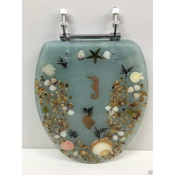 ELONGATED AQUA SEASHELL AND SEAHORSE RESIN TOILET SEAT, CHROME HINGES