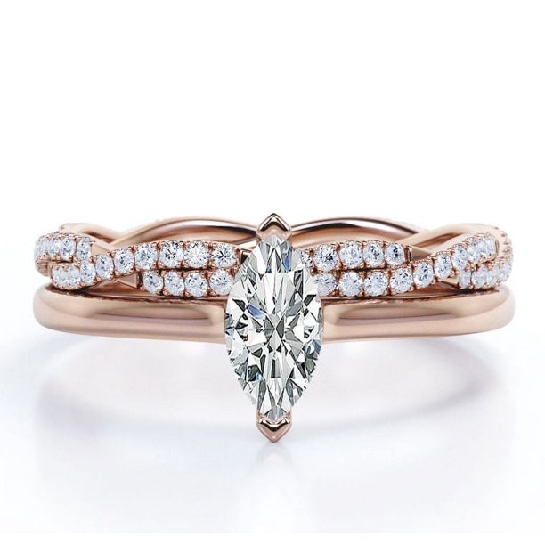 JeenMata Anillo de Compromiso Solitario de Talla Marquesa de 1,75 Quilates con Banda Nupcial Infinita Engastada en Oro Rosa de 18 K sobre Plata (Personaliza Tu Banda Nupcial)