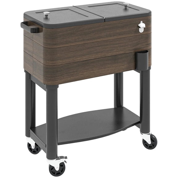Spaco 60 Quart Outdoor Cooler Cart, Rolling Ice Chest with Bottom Shelf and Bottle Opener for Backyard, Deck, Poolside Party, Brown