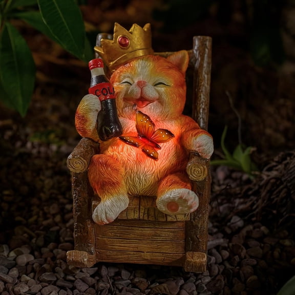 Solar Cat Garden Statue – Funny Orange Tabby Cat with Crown & Cola, LED Butterfly Light, Sitting on Rocking Chair – Outdoor Patio Decor for Yard, Porch, Lawn, or Gift