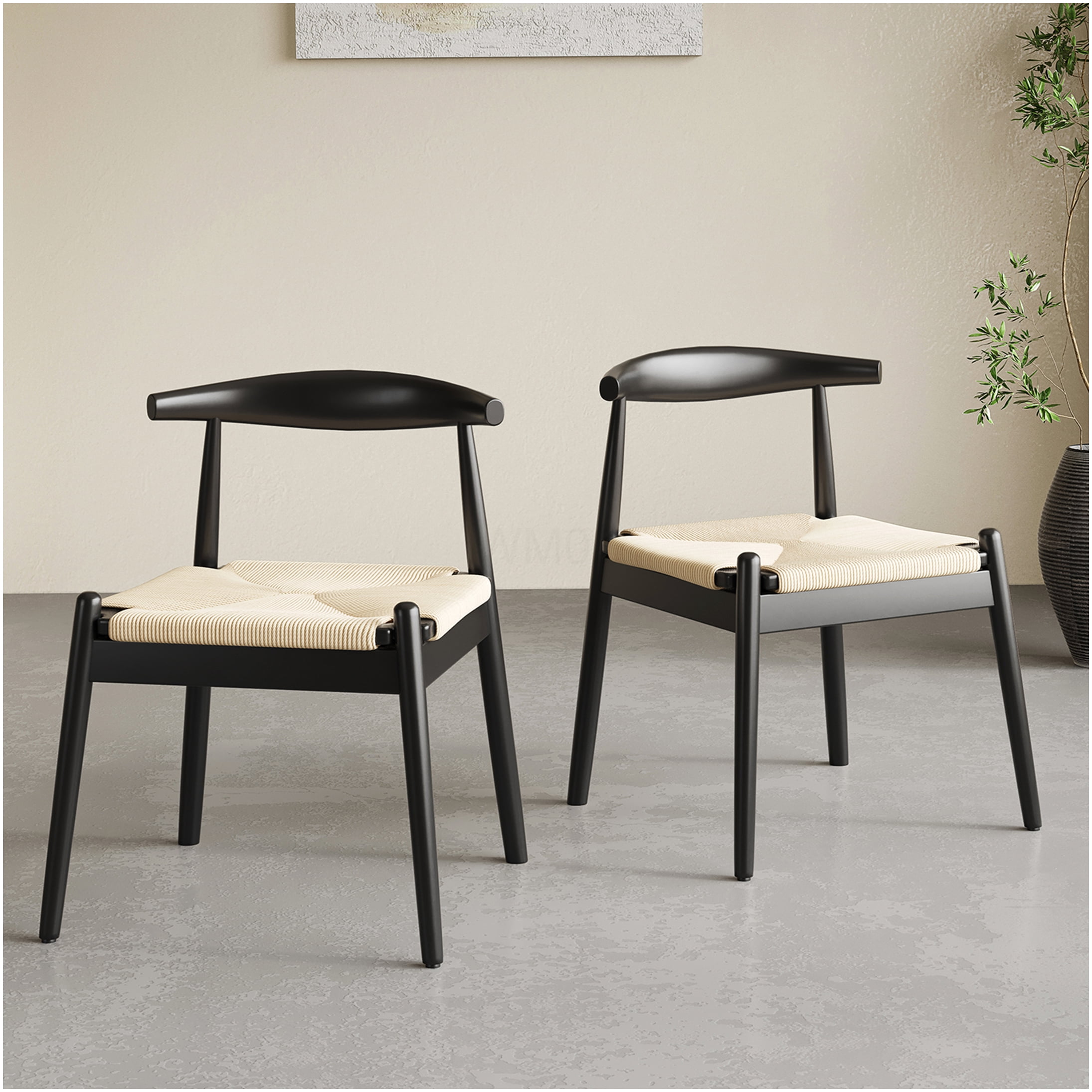 Weave Dining Chairs Set of 2, Mid-Century Modern Oak Frame Kitchen Chairs with Handwoven Paper Cord Seats for Dining Room