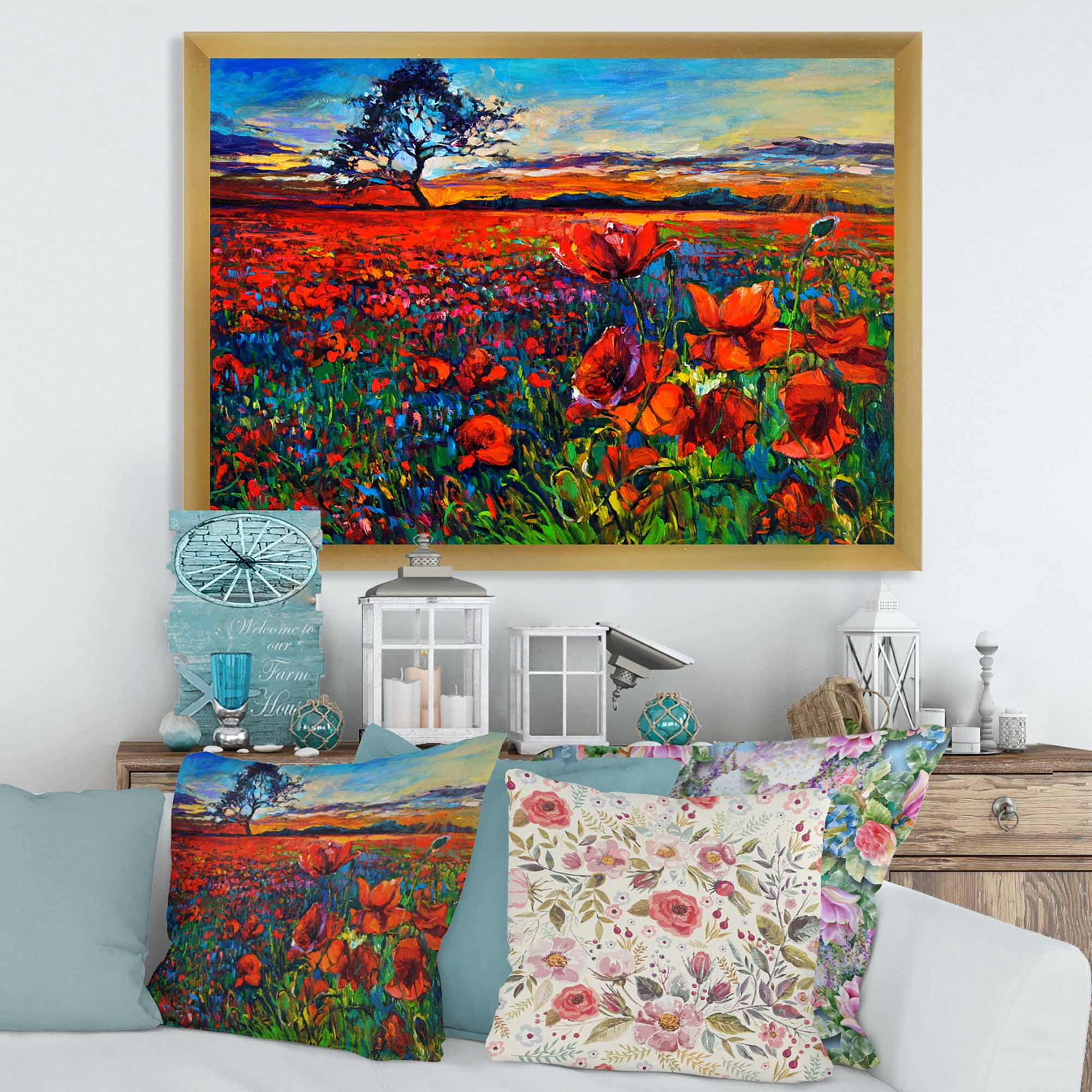 Designart 'Blossoming Red Poppy Fields With Distant Tree' Traditional Framed Art Print